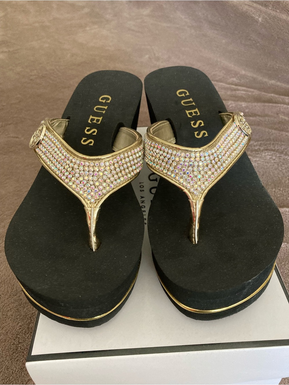 GUESS Gold Rhinestone Wedge Thong Sandals with Black Footbed